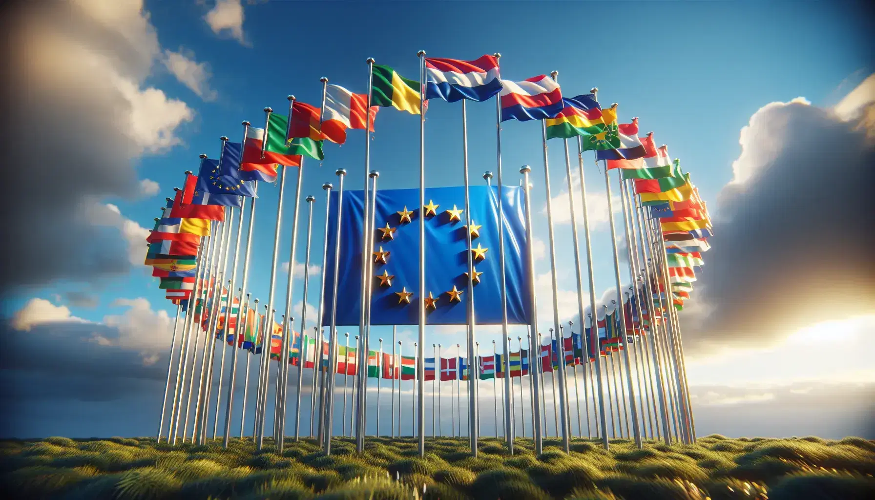 Bandiere nazionali dell'Unione Europea ondeggianti in cerchio attorno alla stella a dodici punte su sfondo cielo azzurro.