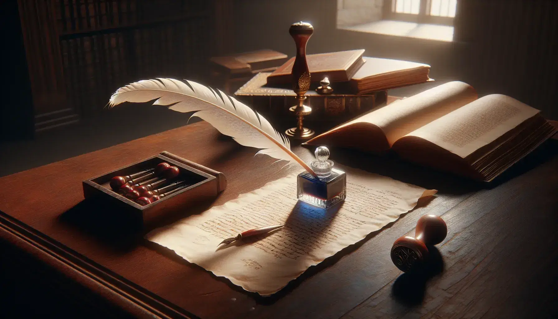 Scrivania in legno scuro con set da scrittura antico, calamaio in vetro e piuma d'oca, foglio avorio arrotolato e libro sfocato sullo sfondo.