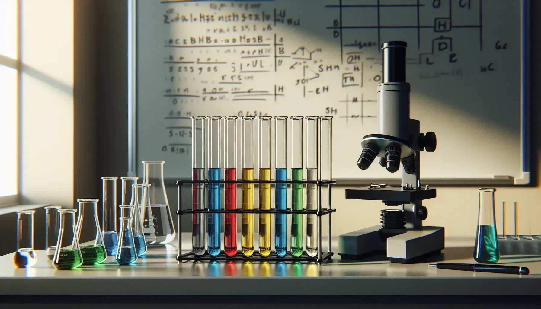 Laboratorio con tubos de ensayo de colores azul, amarillo, rojo y verde en un soporte metálico y microscopio al lado, sobre una mesa con pizarra al fondo.