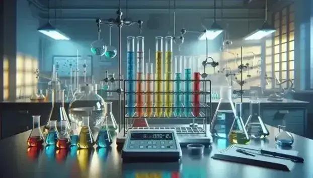 Laboratorio de química con tubos de ensayo de colores en soporte metálico, matraces Erlenmeyer, balanza analítica y estantería con material de laboratorio.