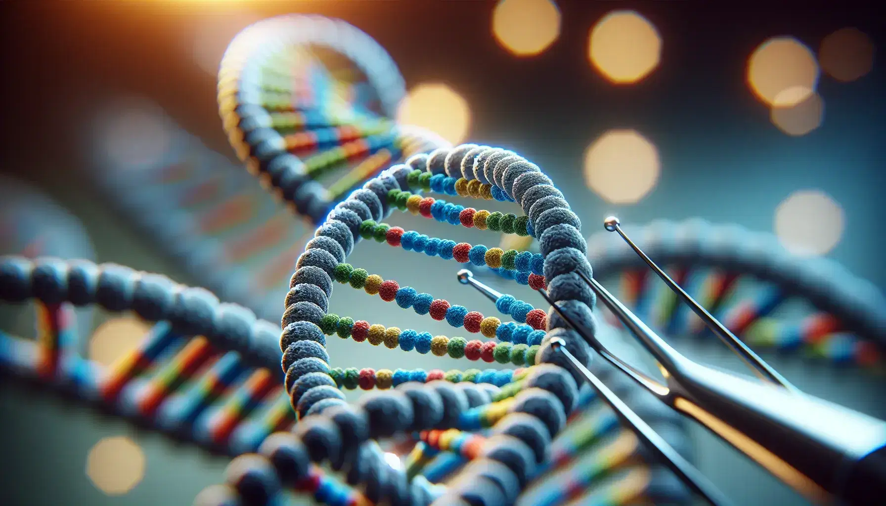 Close-up view of a metallic DNA double helix model with alternating colored nucleotide pairs and tweezers holding a red base against a soft blue gradient background.