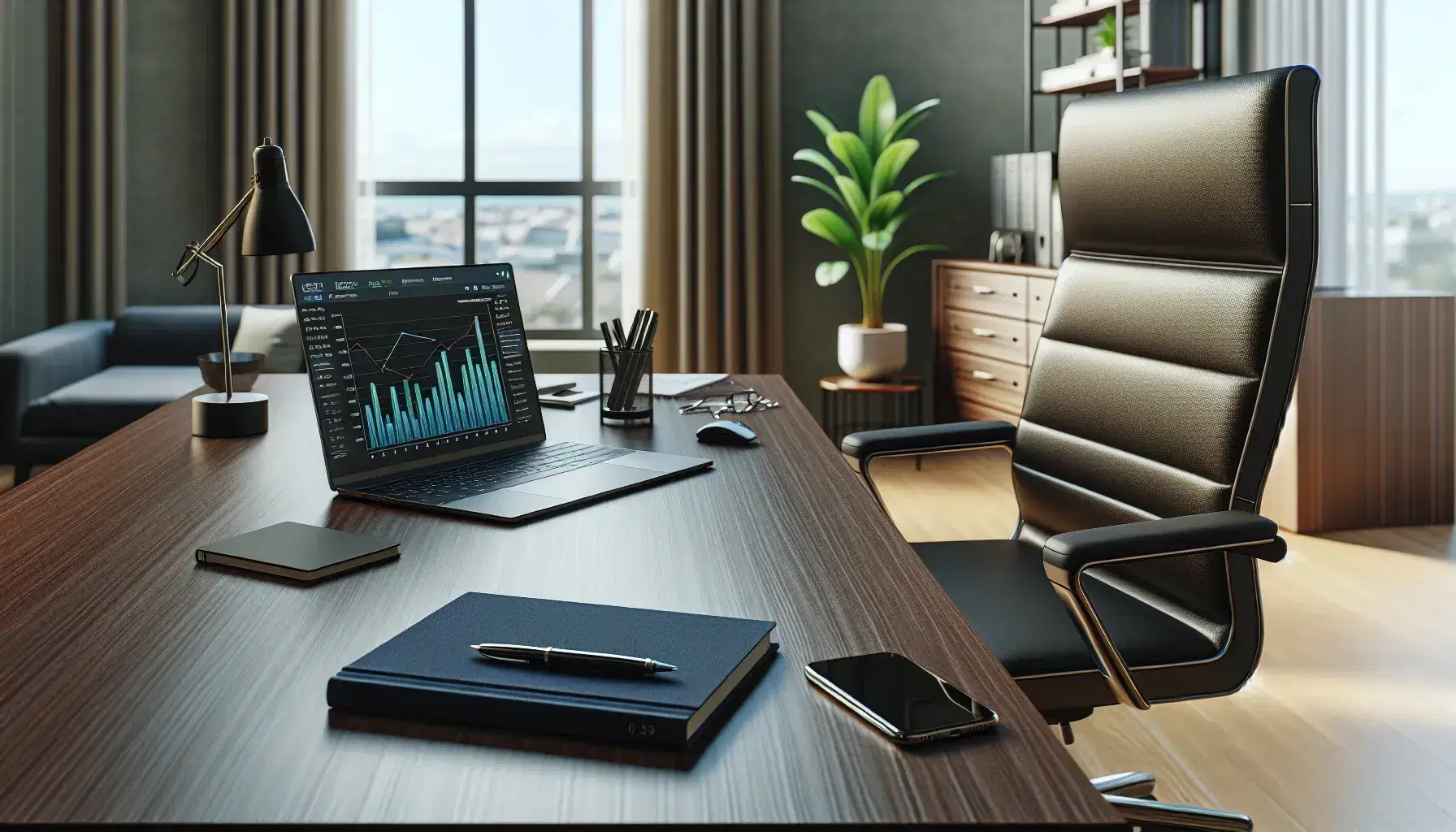 Escritorio de madera en oficina con portátil mostrando gráficos, libreta, bolígrafo, móvil y planta, silla ergonómica y ventana con luz natural.