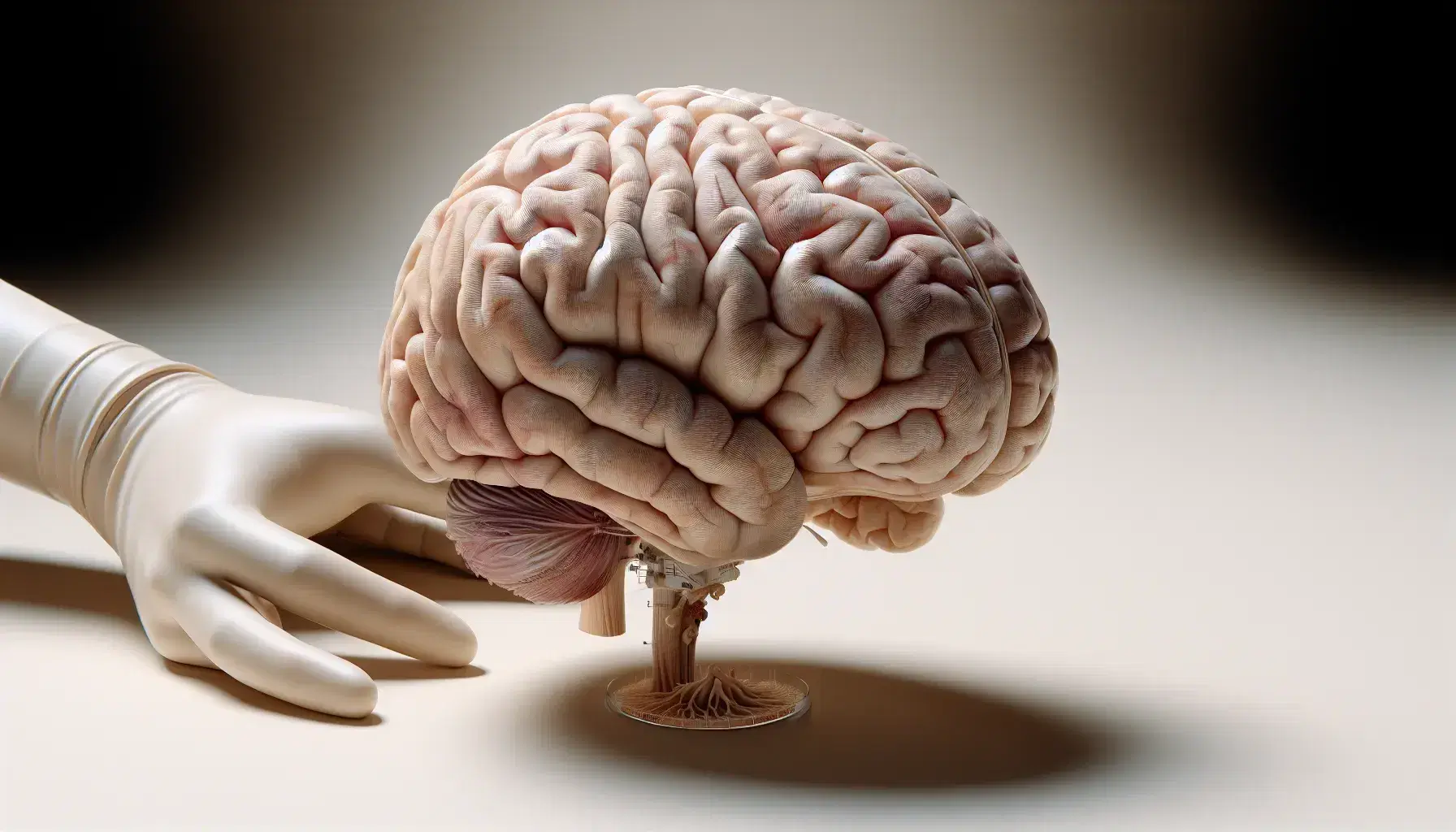 Accurate three-dimensional model of the human brain with visible left hemisphere, gloved hands supporting it on a neutral background.