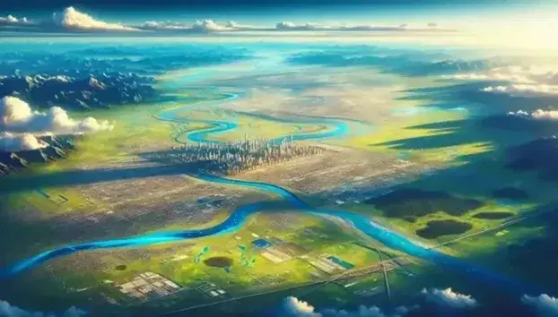 Veduta aerea di una città con edifici al sole vicino a un fiume serpeggiante attraverso una pianura verde con montagne sullo sfondo.