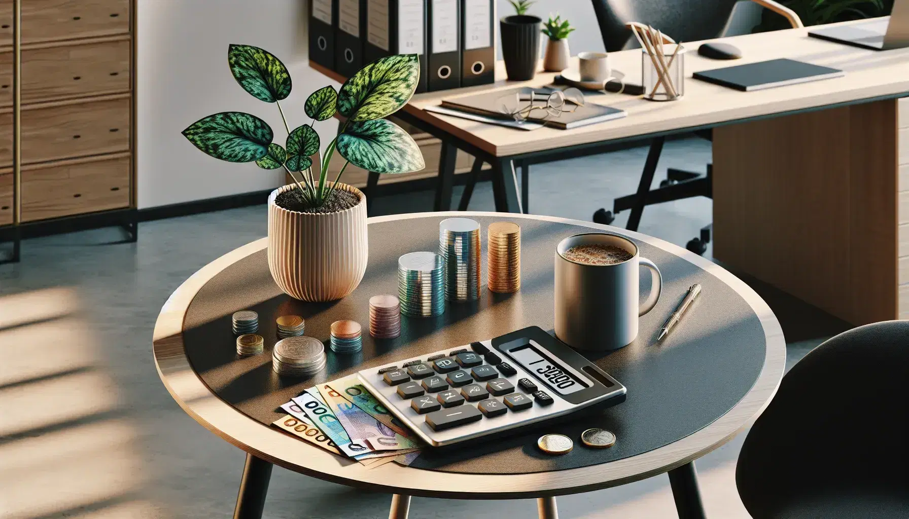 Mesa redonda de madera en oficina moderna con calculadora apagada, billetes de distintas denominaciones, monedas metálicas, planta interior y taza de café, silla de oficina ergonómica al fondo.