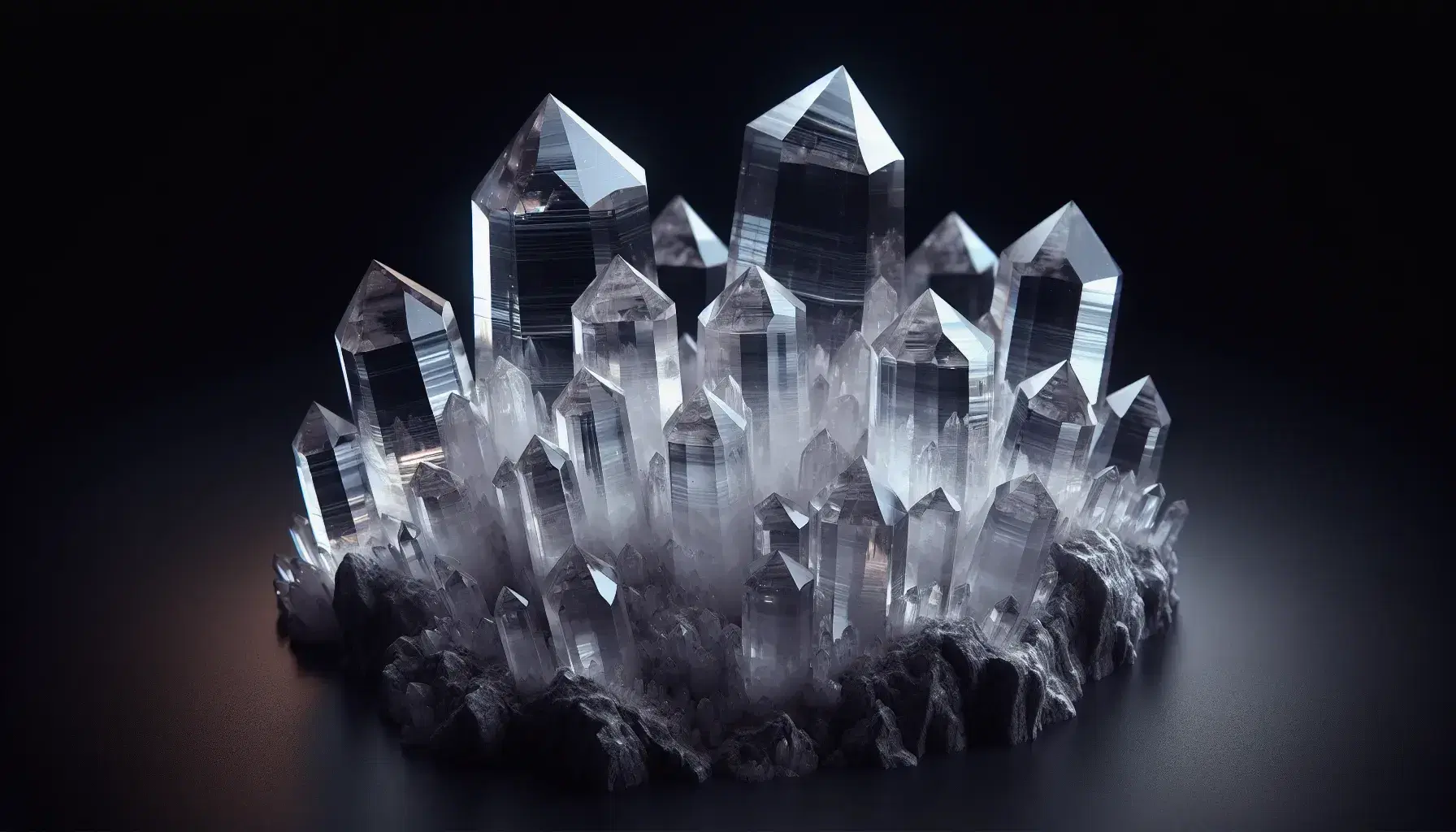 Cristalli di quarzo trasparenti e bianchi emergono da una base rocciosa grigio scura, riflettendo la luce e mostrando superfici levigate.
