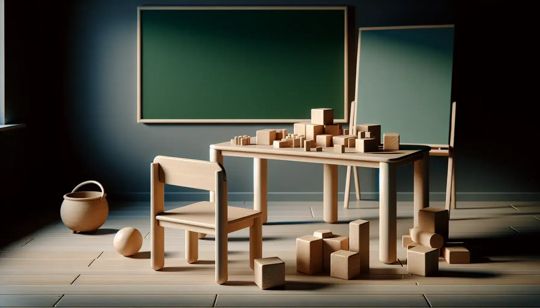 Aula con mesa de madera y bloques de construcción variados, silla vacía y pizarra verde limpia, iluminación natural y posters en blanco a los lados.