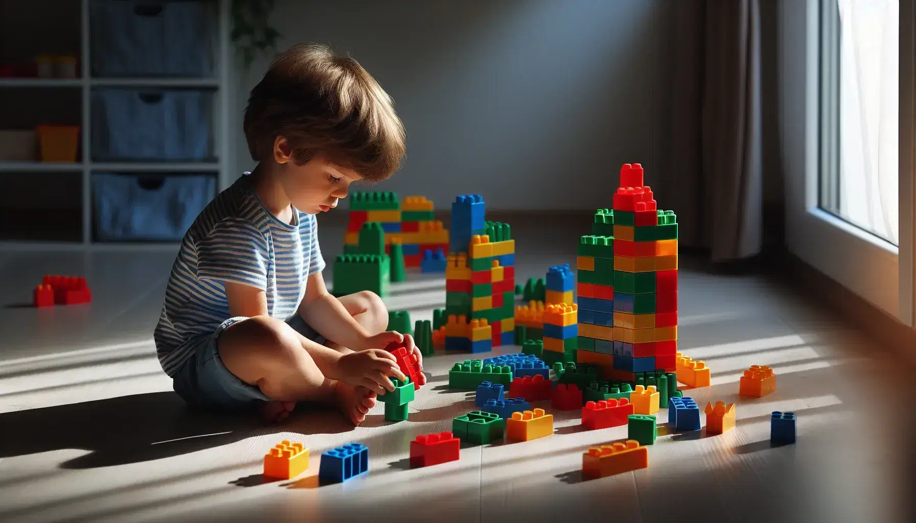 Bambino concentrato gioca con costruzioni colorate su pavimento in legno chiaro, assemblando torre di blocchi variopinti.