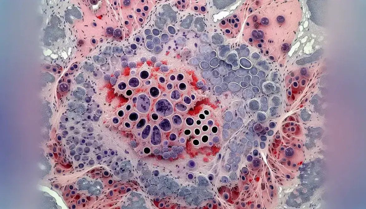 Vista microscópica de tejido inflamado con células inmunes, macrófagos, neutrófilos y linfocitos entre fibras de colágeno y vasos sanguíneos dilatados.