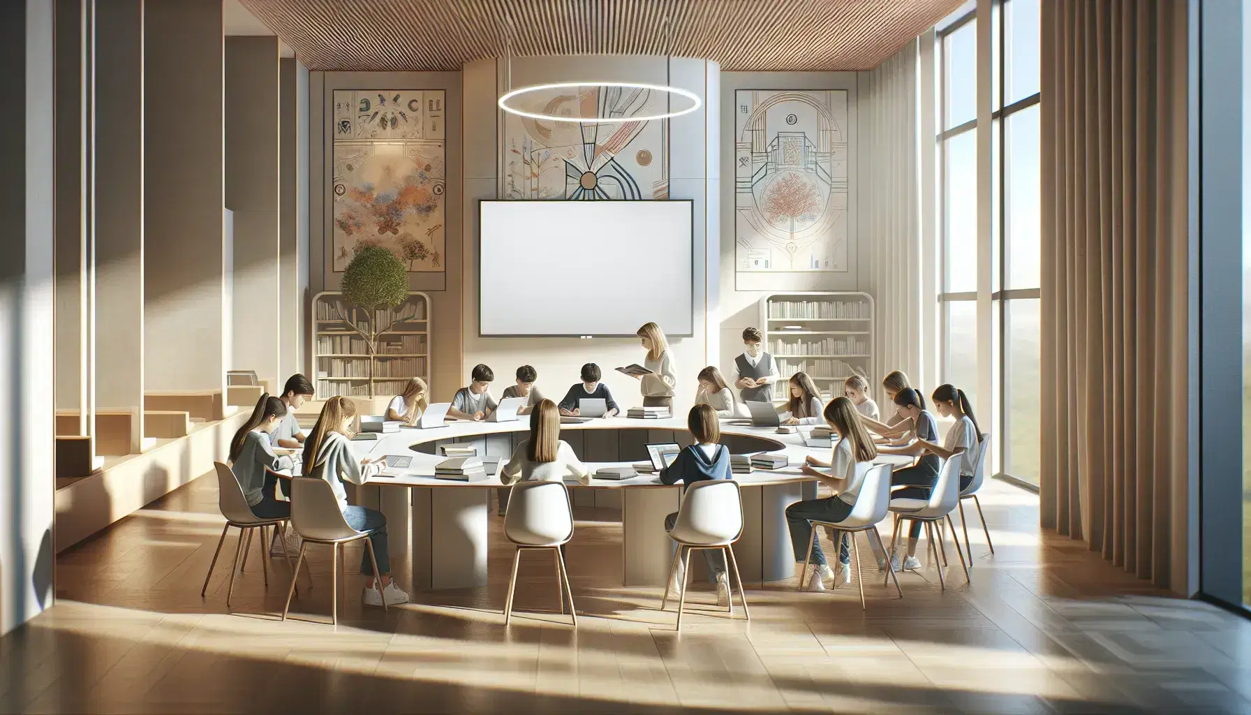 Aula moderna e luminosa con studenti dai 12 ai 18 anni seduti attorno a un tavolo ovale, impegnati in un progetto di gruppo, con tablet e libri aperti.