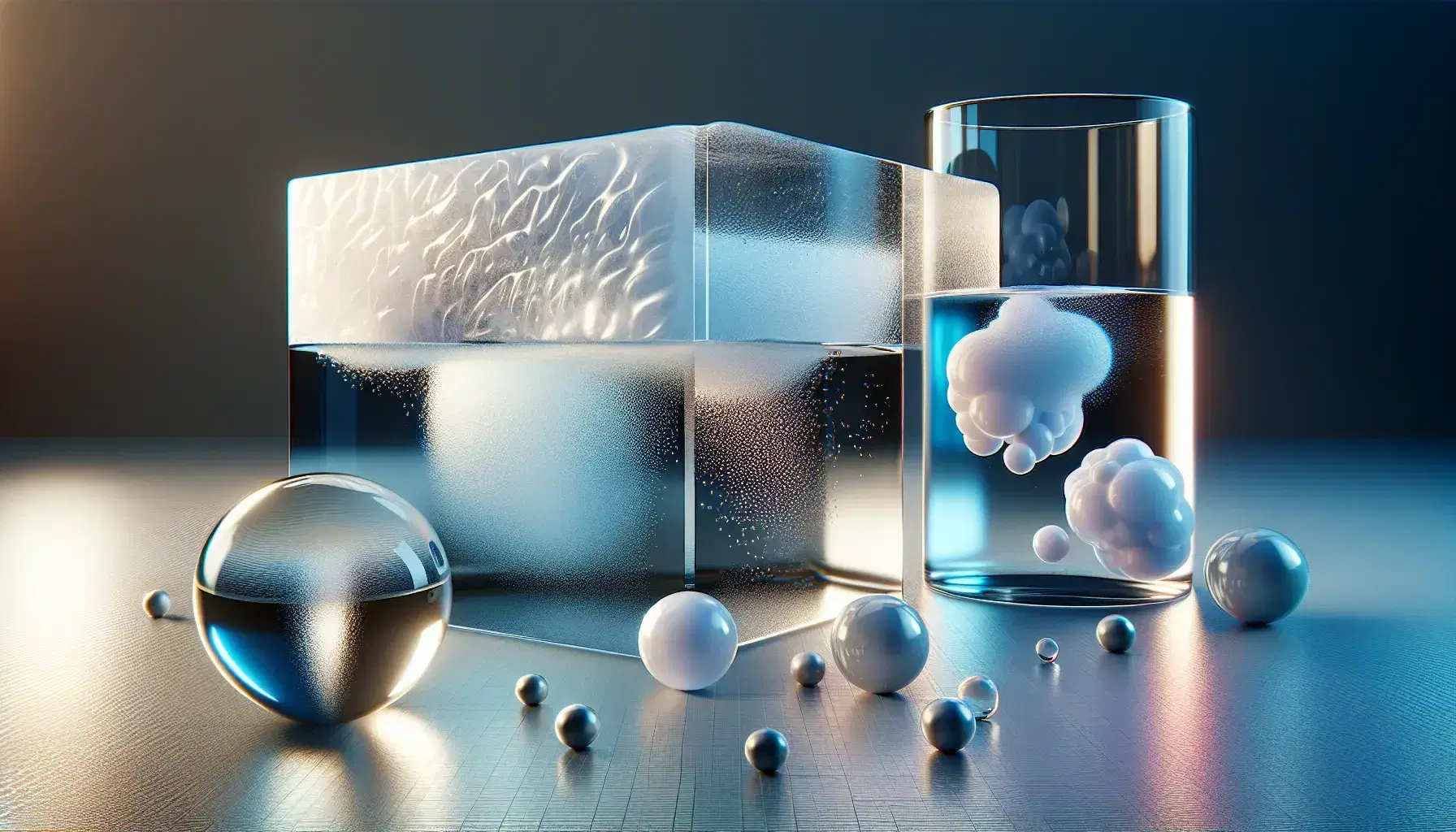 Cubo di ghiaccio traslucido su superficie riflettente, bicchiere d'acqua al centro e bolla di vapore acqueo a destra, rappresentazione stati della materia.