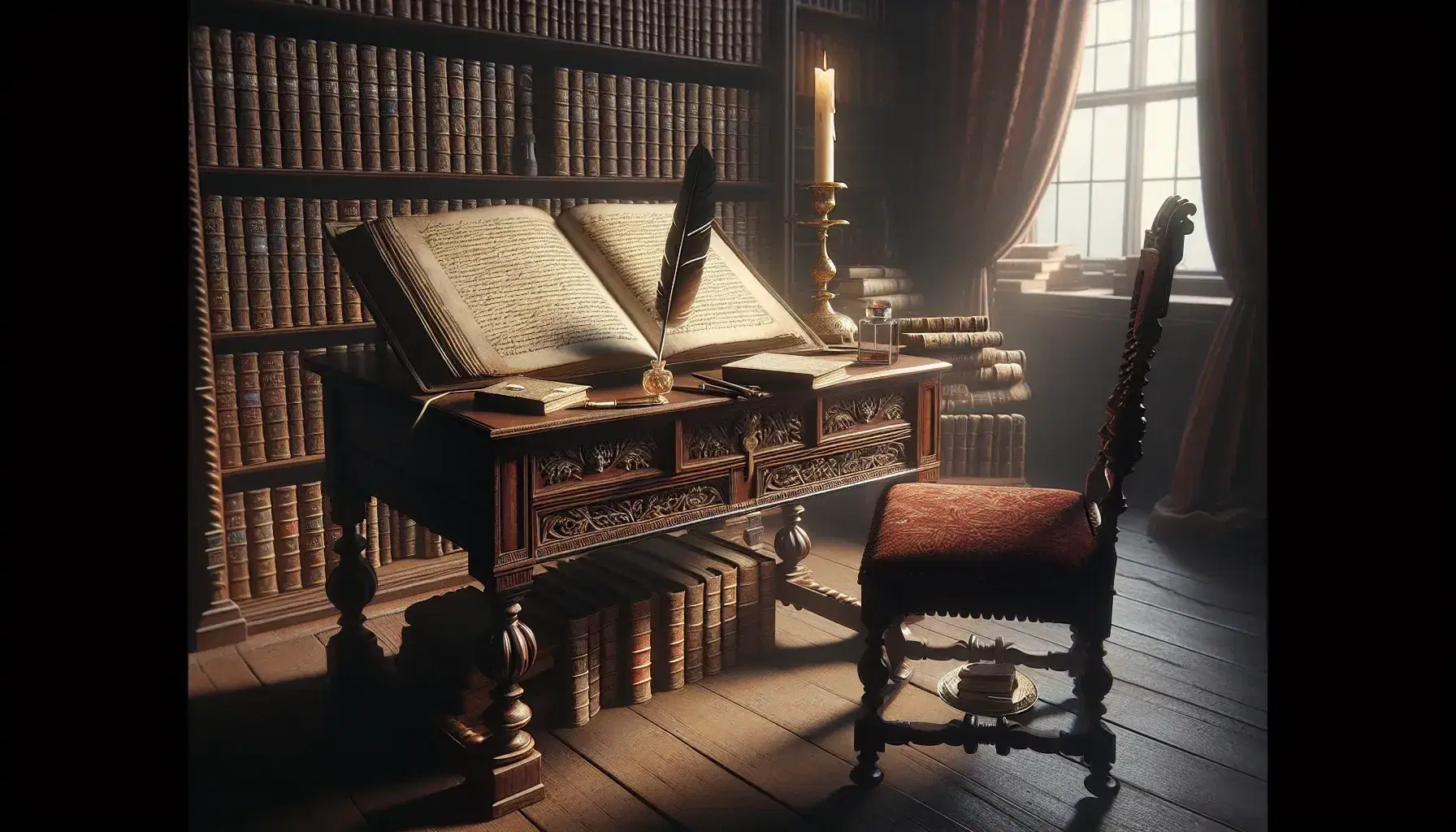 Mid-19th century writing desk with ornate carvings, leather-bound book, quill in inkwell, and candlestick in a serene, scholarly setting with bookshelf and velvet chair.