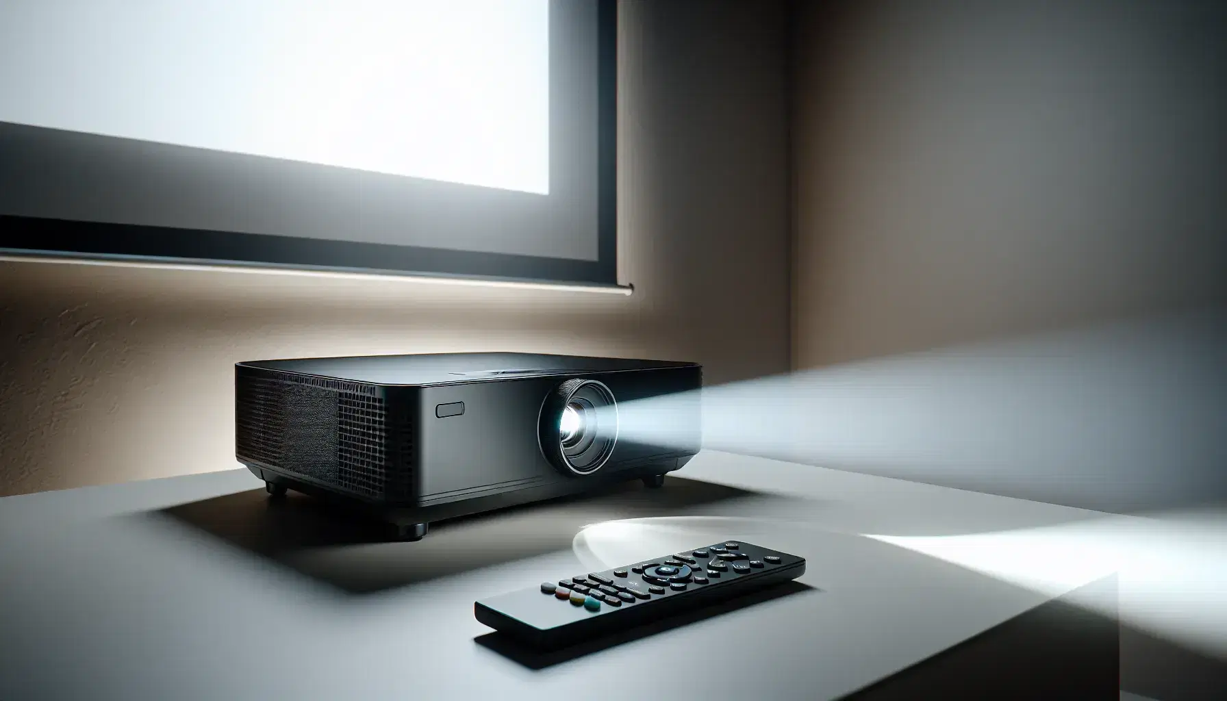 Proyector multimedia negro moderno encendido sobre superficie lisa con control remoto al lado, proyectando luz hacia pantalla blanca en ambiente oscuro.