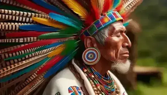 Hombre Huichol de perfil con tocado de plumas coloridas y atuendo blanco bordado, joyería de cuentas y expresión serena en entorno natural difuminado.
