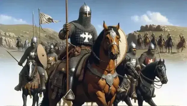 Crusader knights in armor on horses, with a knight in the foreground with a spear and nose helmet, in an Anatolian landscape under a blue sky.