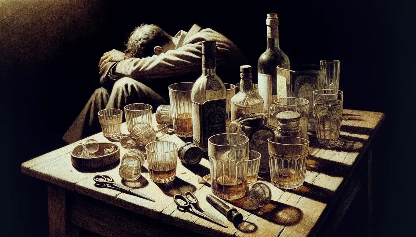 Cluttered table with empty and half-full glasses, spilled bottle, and two people, one unconscious, the other distressed, in a dimly lit room.