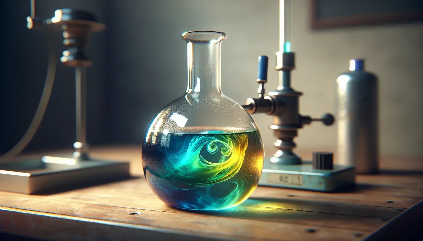 Glass flask with colored liquids in the laboratory, blue and yellow mixing creating a green gradient, next to a lit Bunsen burner.