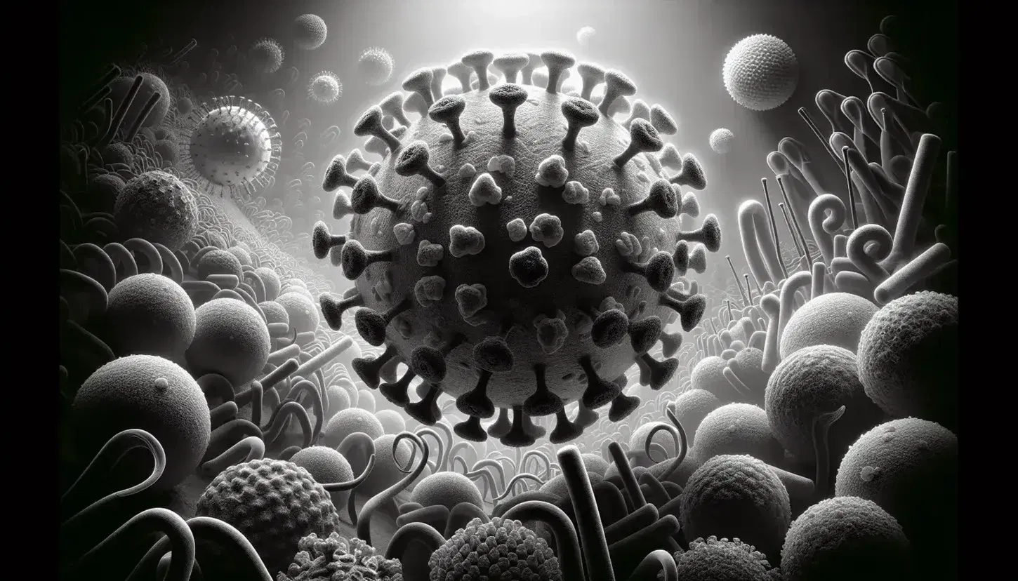 Electron microscope view of diverse virus particles, including spherical, rod-shaped, icosahedral, and helical forms, in grayscale shades.