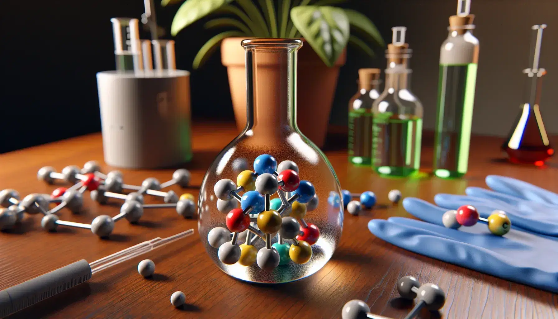 Colorful molecular model in a glass flask on laboratory bench with safety glasses, blue gloves and bottle with green liquid.