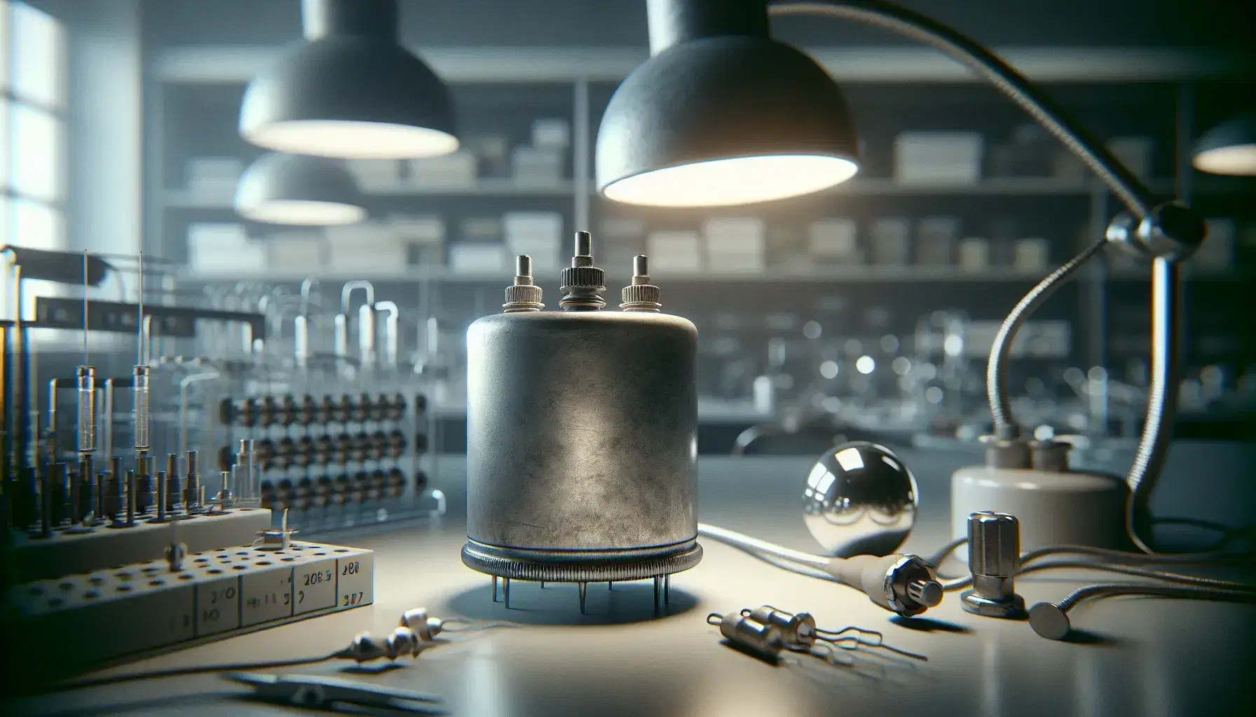 Laboratorio scientifico con capacitor cilindrico collegato a circuito e sfera metallica accanto, sotto luce di lampada flessibile.