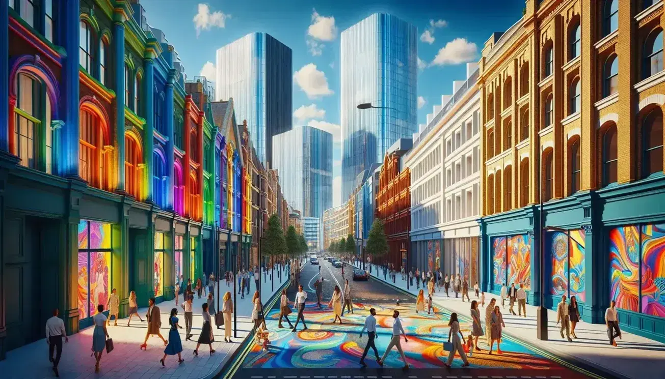Scena urbana vivace con persone di diverse etnie che passeggiano su marciapiede ampio, grattacieli riflettenti e arte stradale colorata.