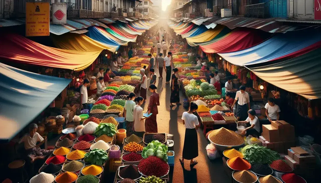 Mercato all'aperto in città orientale con bancarelle colorate di frutta, verdura e spezie, frequentatori con borse e sfondo di grattacieli.