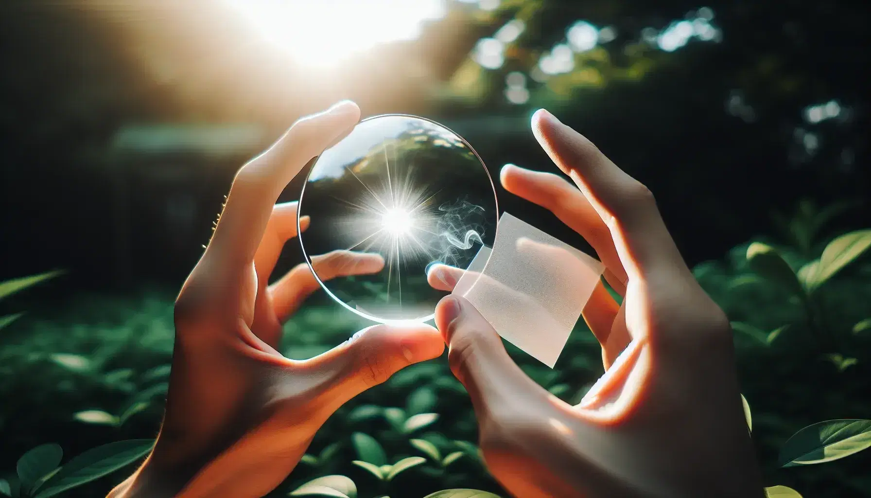 Close-up view of hands using a glass lens to focus sunlight onto paper, causing it to smolder with smoke, against a blurred garden backdrop.