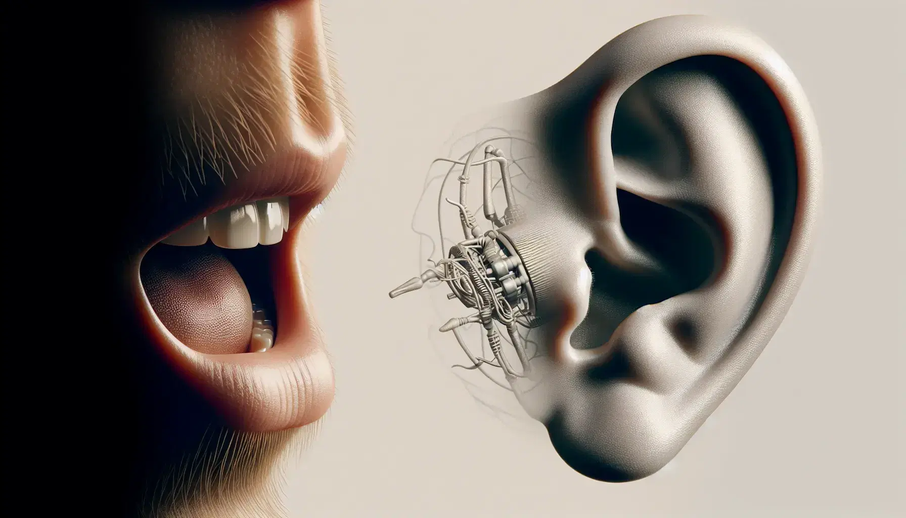 Close-up view of a human mouth mid-speech and a side profile of an ear, set against a soft-focus background, highlighting the anatomy of communication.