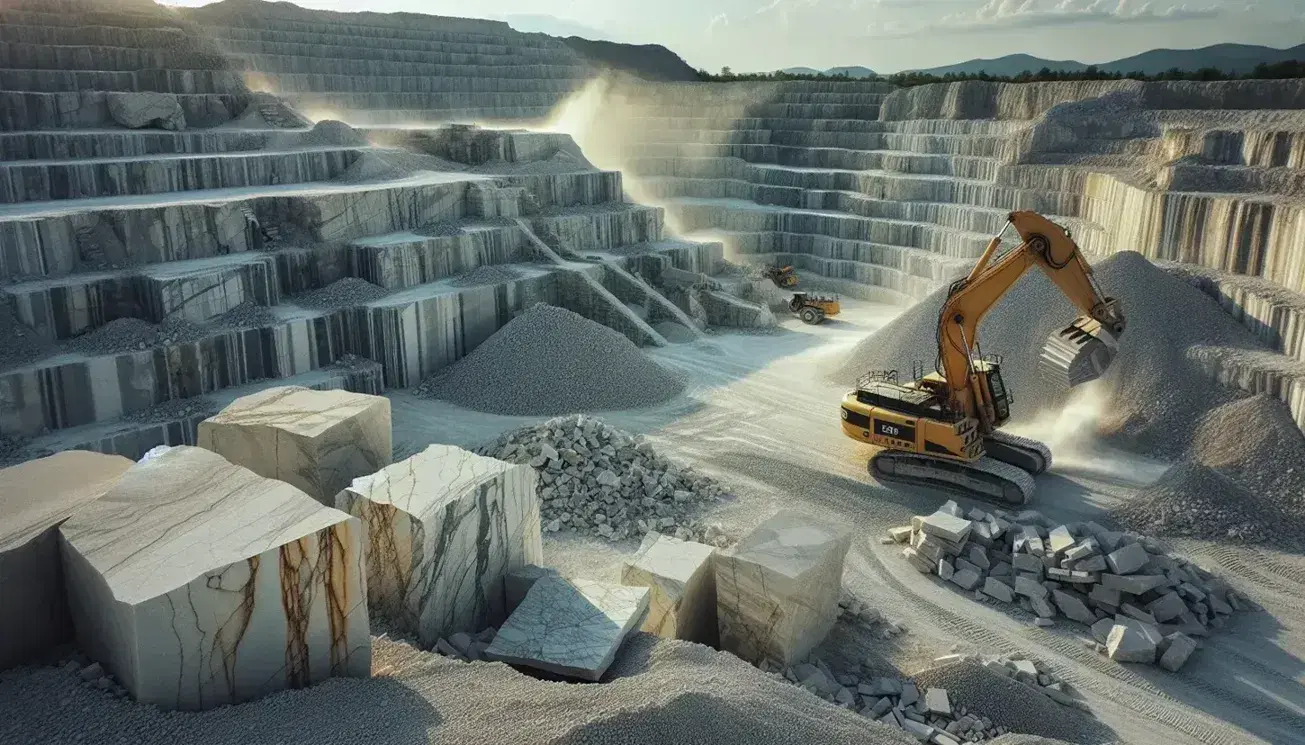 Cantera de piedra caliza en actividad con excavadora amarilla, bloques de roca y árboles en contraste bajo cielo azul.