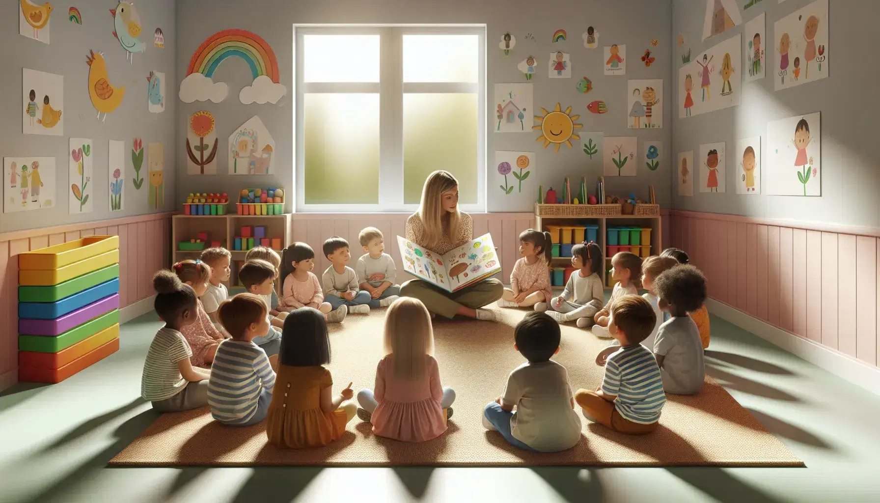 Niños preescolares atentos escuchando a maestra leer un libro ilustrado en aula colorida con juguetes y luz natural.