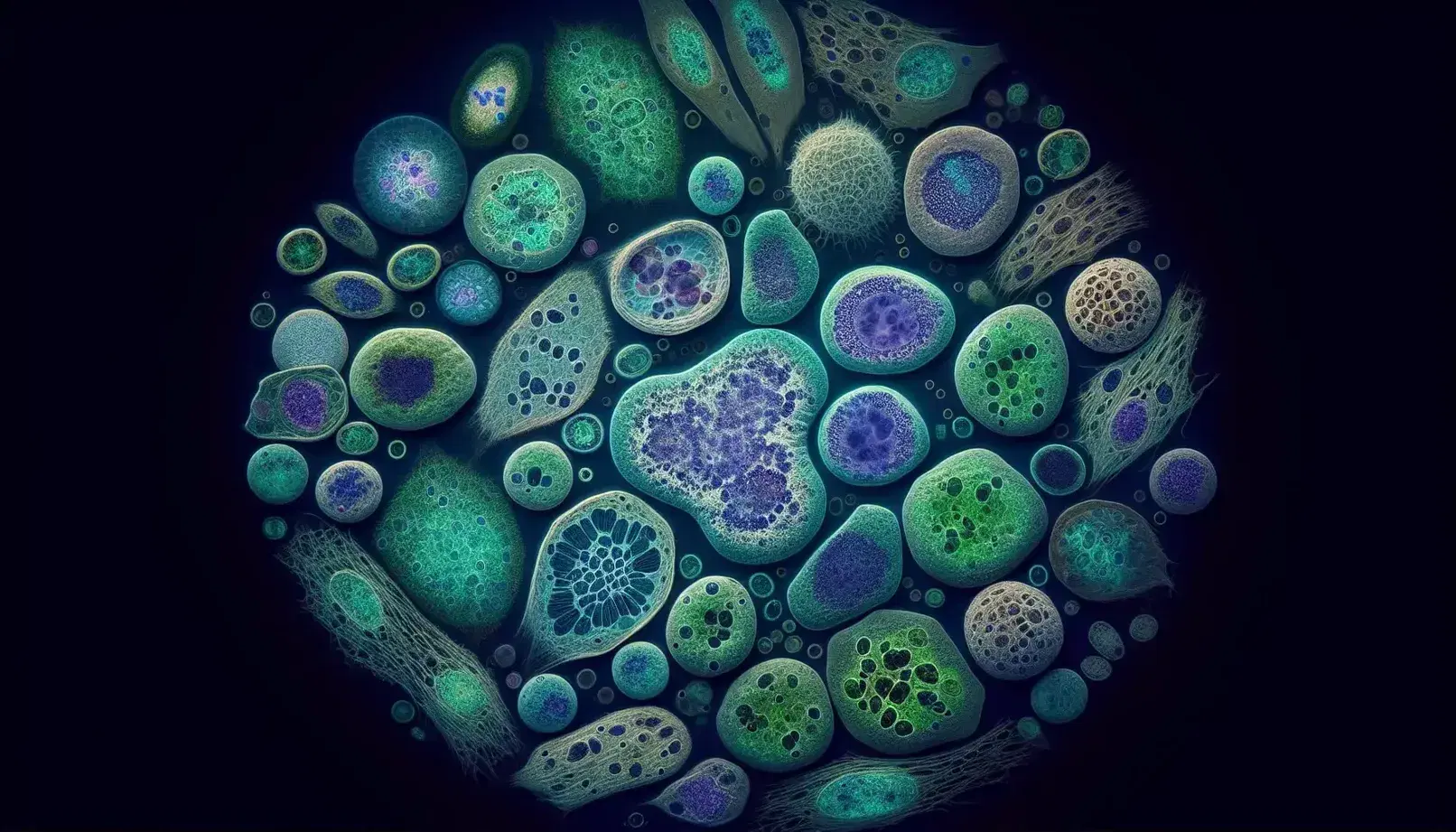 Composición microscópica de células variadas teñidas en verdes, azules y morados, destacando una célula central grande con núcleo azul intenso y citoplasma claro.