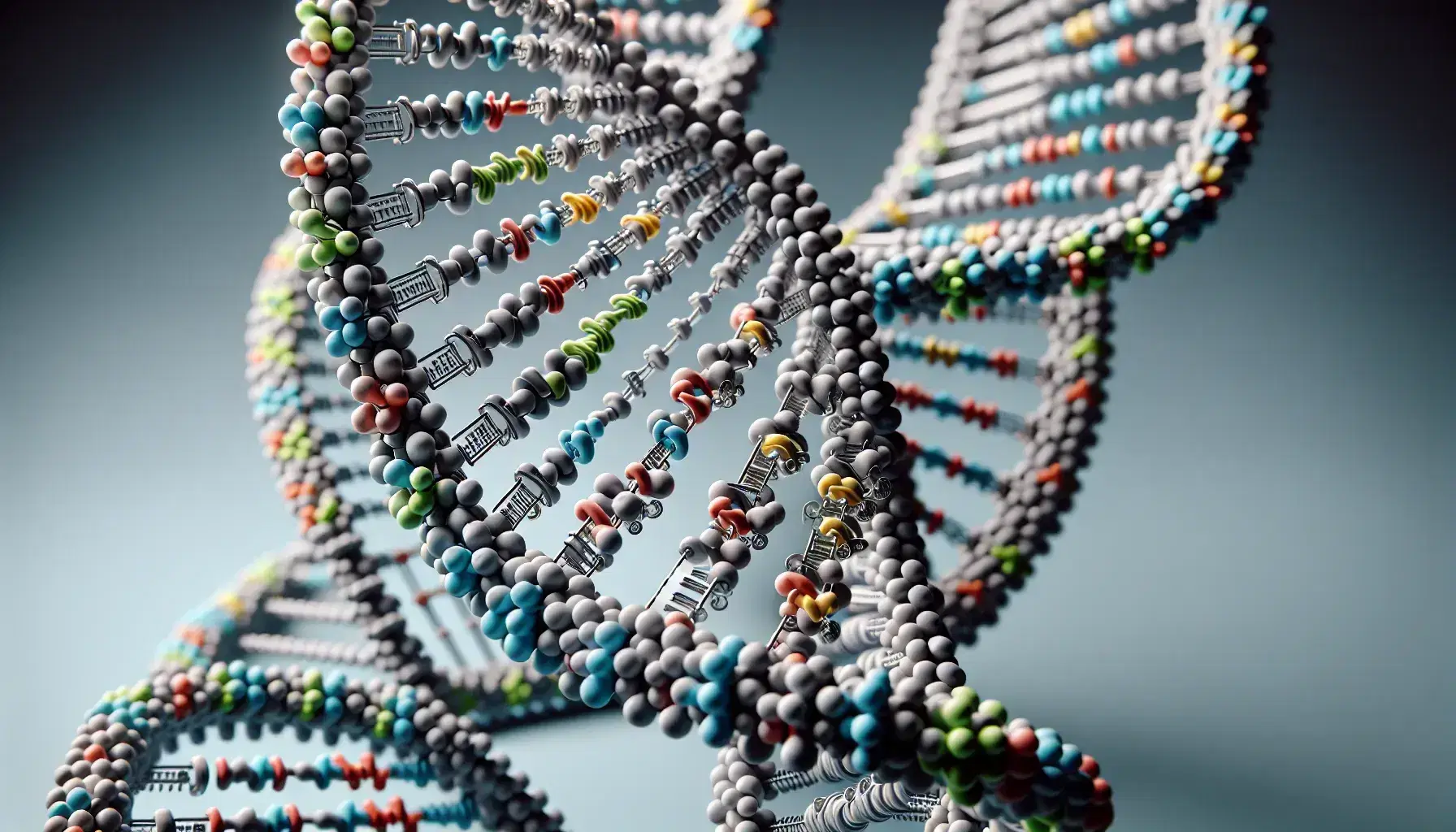 Three-dimensional model of double helix DNA with alternating sugars and phosphates and paired nitrogenous bases: blue adenine with green thymine, red cytosine with yellow guanine.