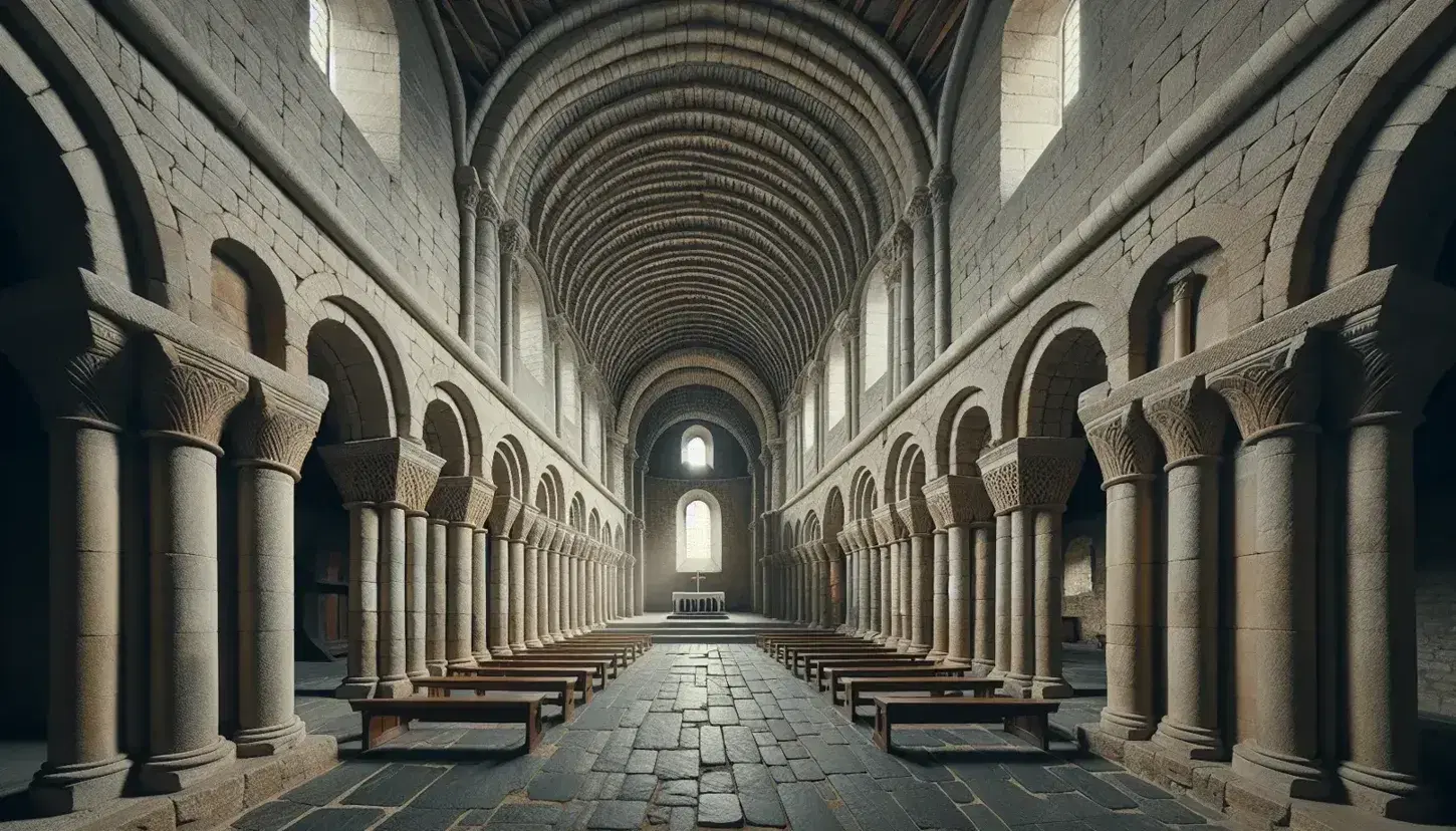 Interno di chiesa romanica con navata centrale, volte a crociera, colonne robuste, capitelli scolpiti e altare semplice sotto croce in legno scuro.