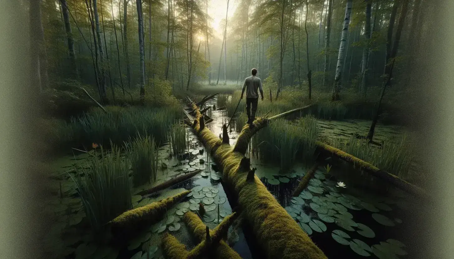 Person balancing on a mossy log in a serene swamp at dawn, with still water reflecting green foliage and blooming water lilies under a pastel sky.