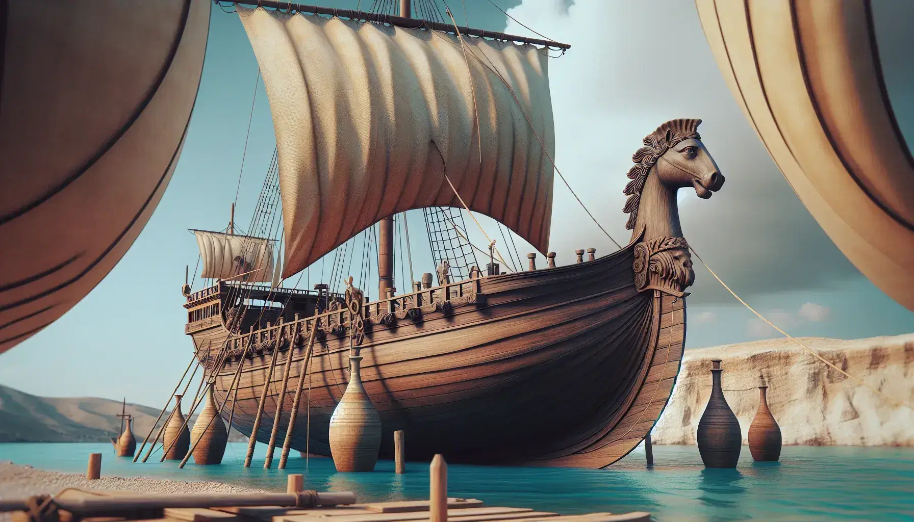 Riproduzione di nave fenicia con vela avorio, prua con testa scolpita e anfore terracotta sul ponte, ormeggiata al tramonto.