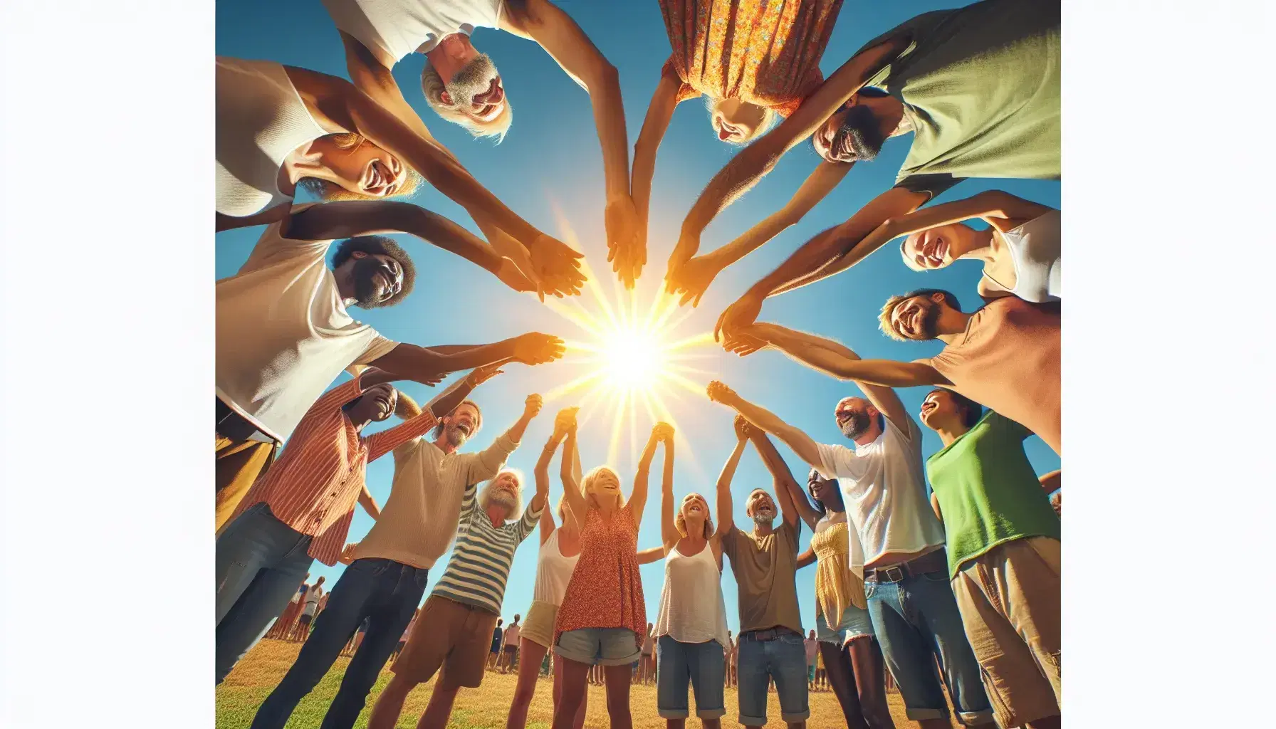 Multi-ethnic group in a circle outdoors with hands joined above their heads under a blue sky, expressing joy and unity on a sunny day.