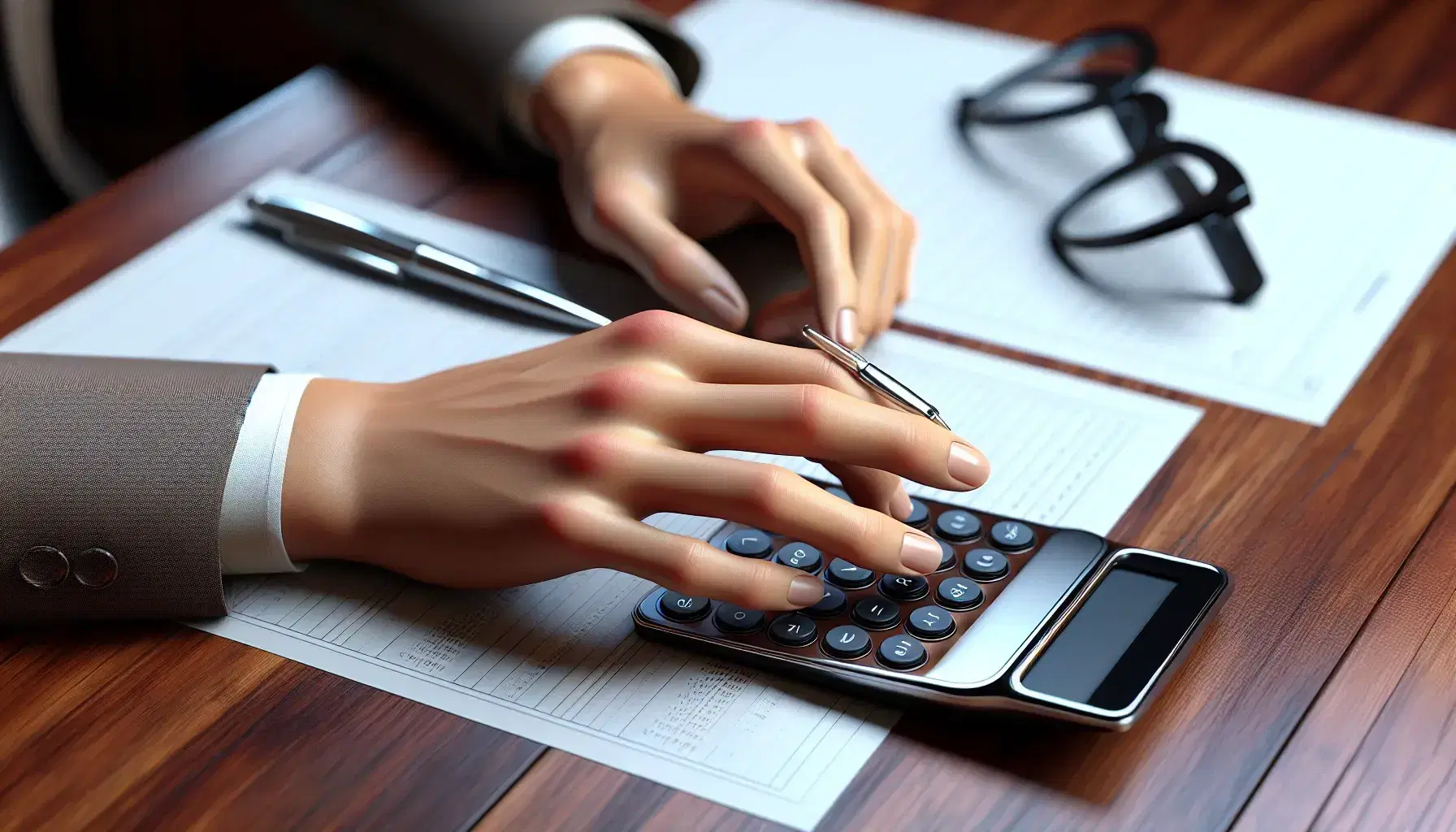 Close-up of hands on a wooden desk with a modern calculator, silver pen, black eyeglasses, and papers with lines and graphs, all in soft lighting.