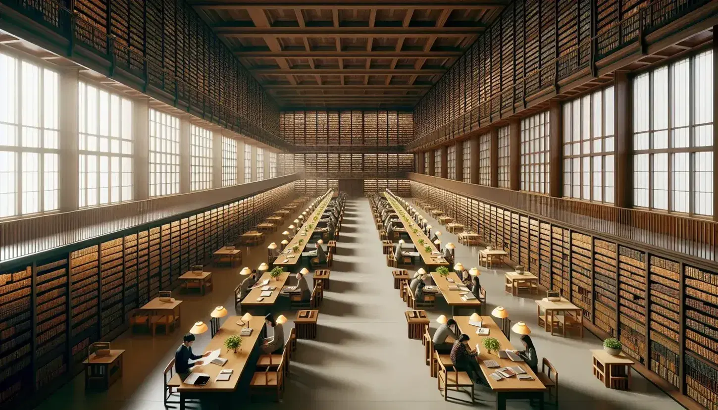 Biblioteca con scaffali in legno scuro pieni di libri rilegati, tavoli con studenti al lavoro, finestre ampie e piante verdi.