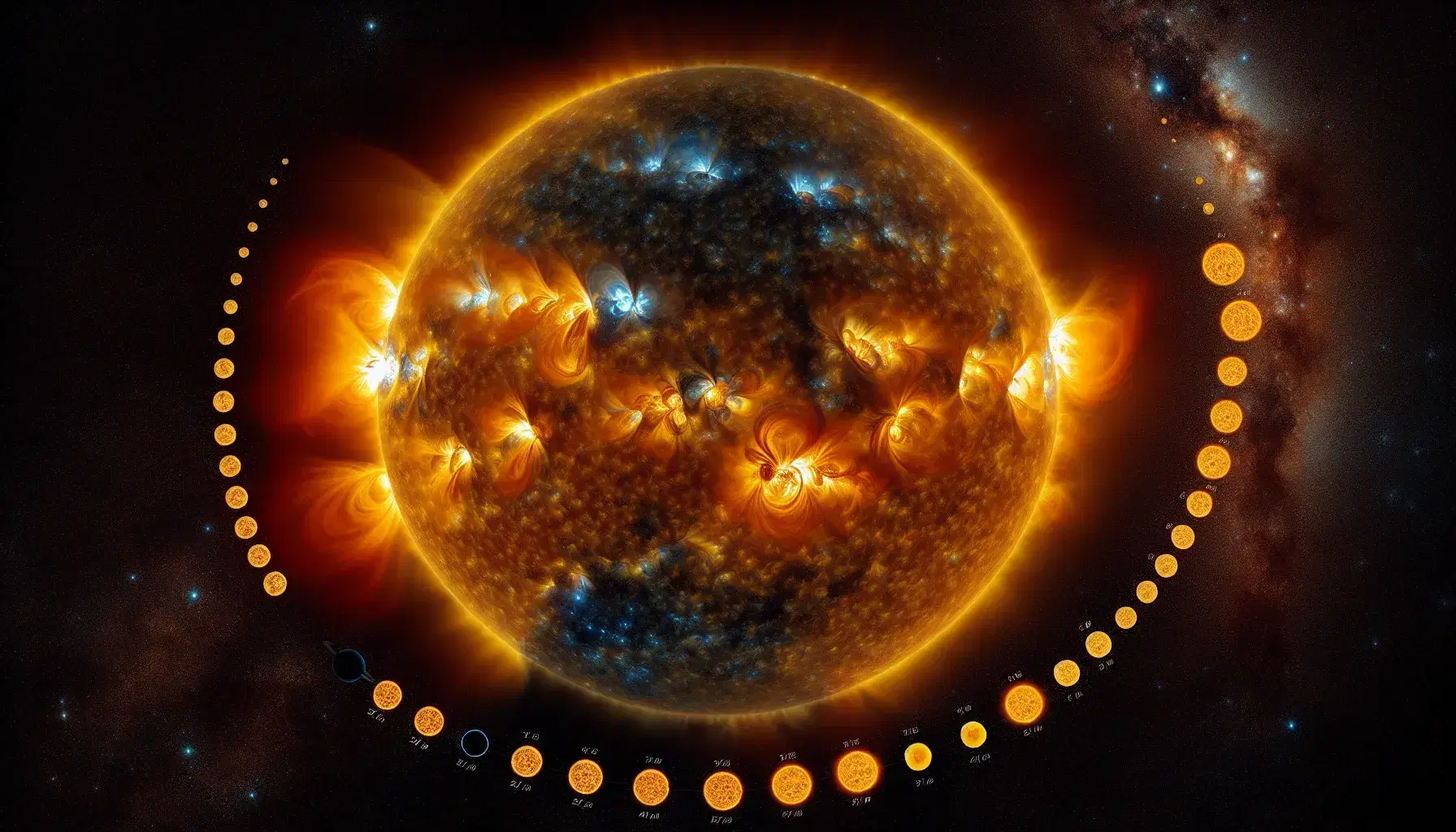 Sole radiante con macchie solari e sequenza evolutiva stellare da stella blu a nana bianca e buco nero su sfondo spaziale.