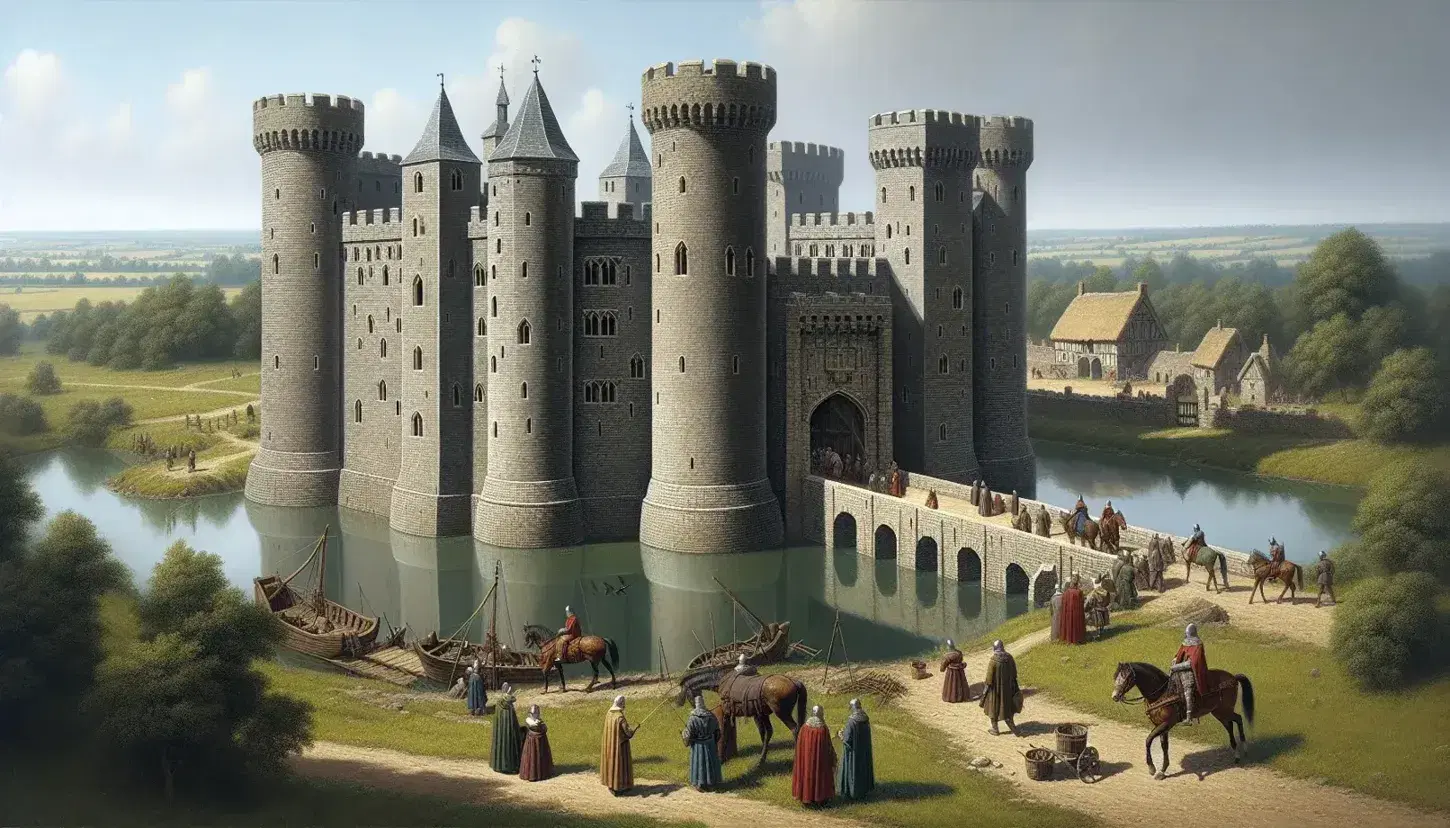 Norman gray stone castle with central keep and cylindrical towers, moat, drawbridge and people in medieval clothes.