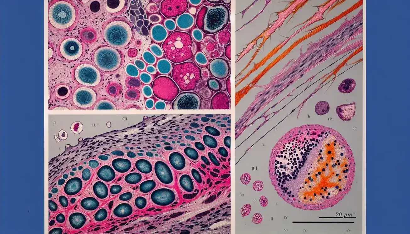 Vista microscópica de tejidos animales teñidos, mostrando células epiteliales rosadas, tejido conectivo azul claro, fibras musculares rojas y tejido nervioso amarillo.