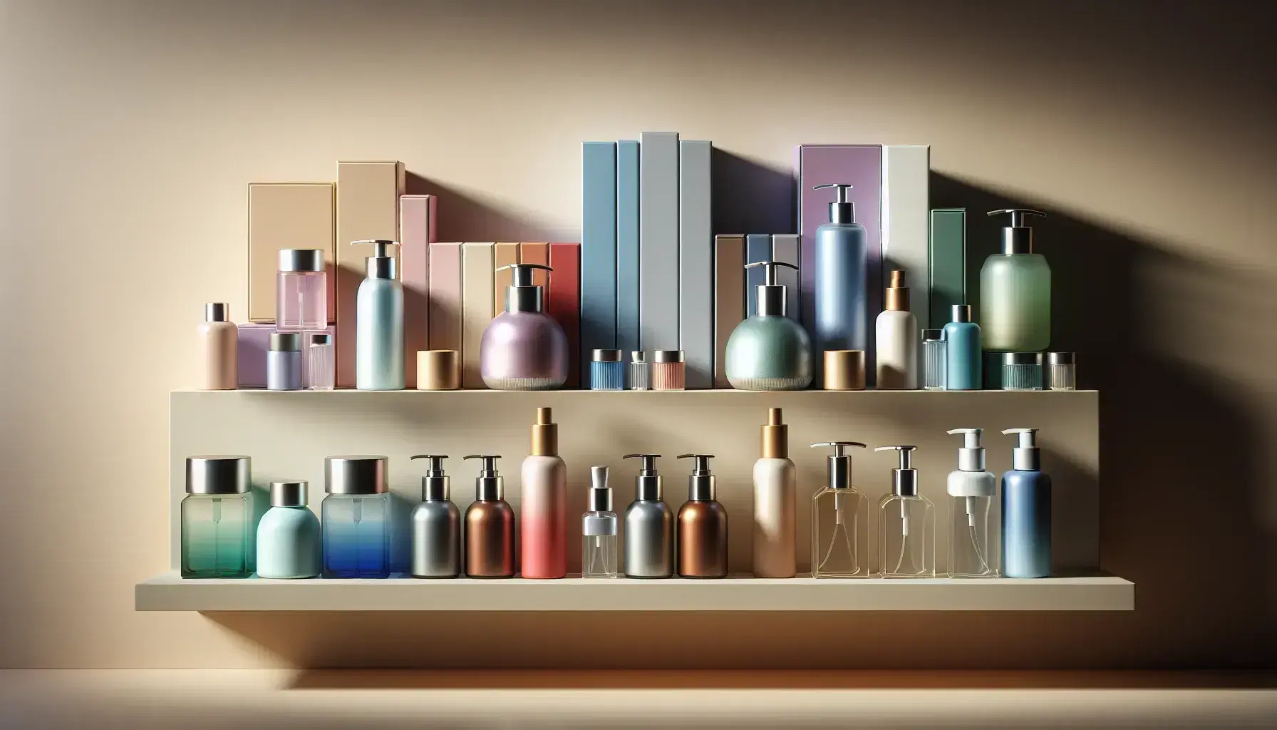 Assorted beauty products on a shelf, featuring pastel-colored liquid bottles, bold square boxes, frosted glass containers with gold lids, and gradient purple-to-clear tall bottles.