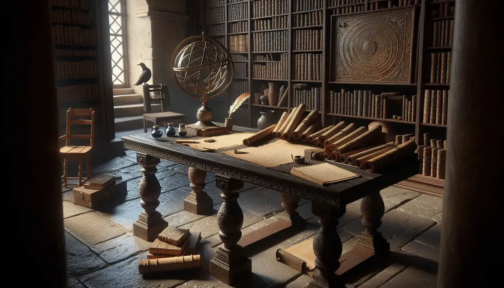 Biblioteca antigua con mesa de madera oscura, pergaminos, libros encuadernados, pluma y tintero, estantería repleta y esfera armilar, bajo luz natural.