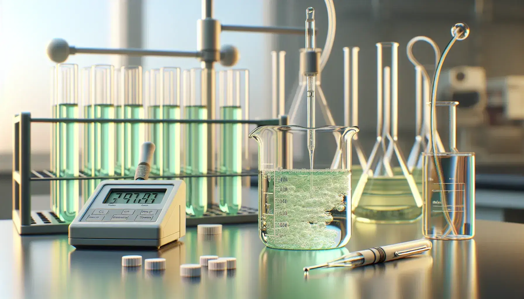 Laboratory with glass beaker containing light green liquid, immersed pH meter, pipette adding colorless liquid, colored test tubes in background.