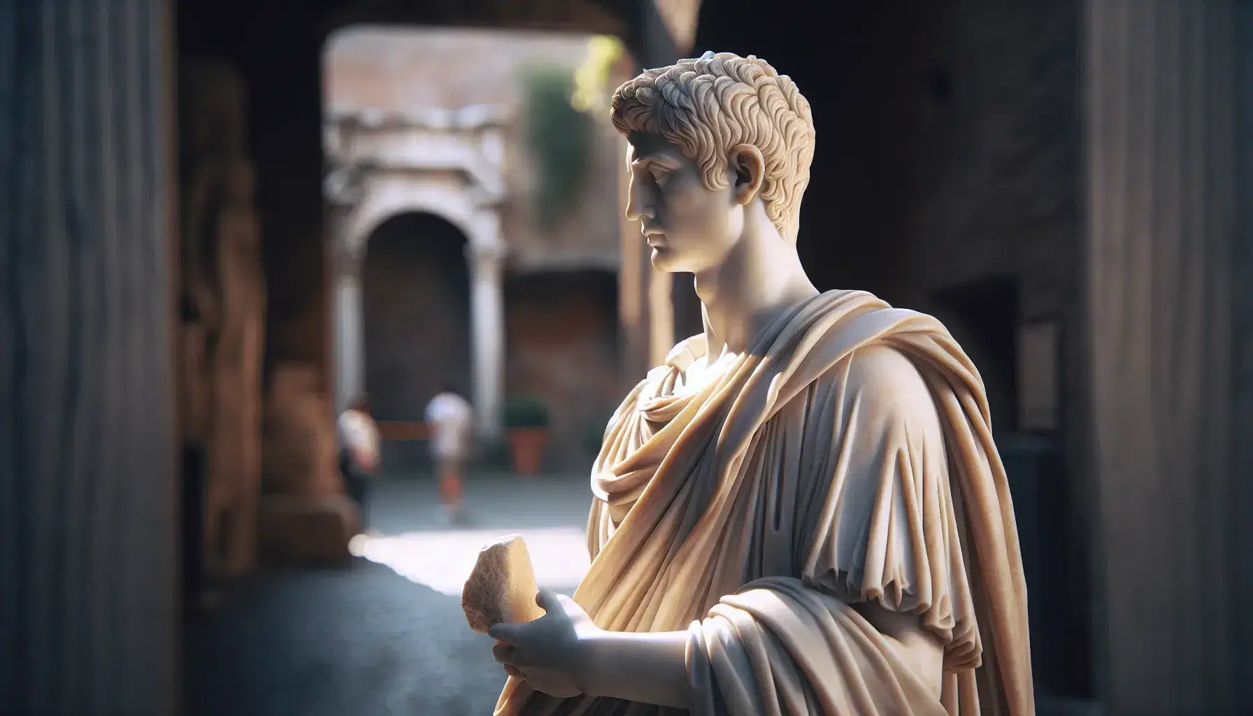 Statua in marmo bianco di figura romana antica con tunica e mantello, in posa eretta e espressione maestosa, su sfondo sfocato di elementi architettonici.
