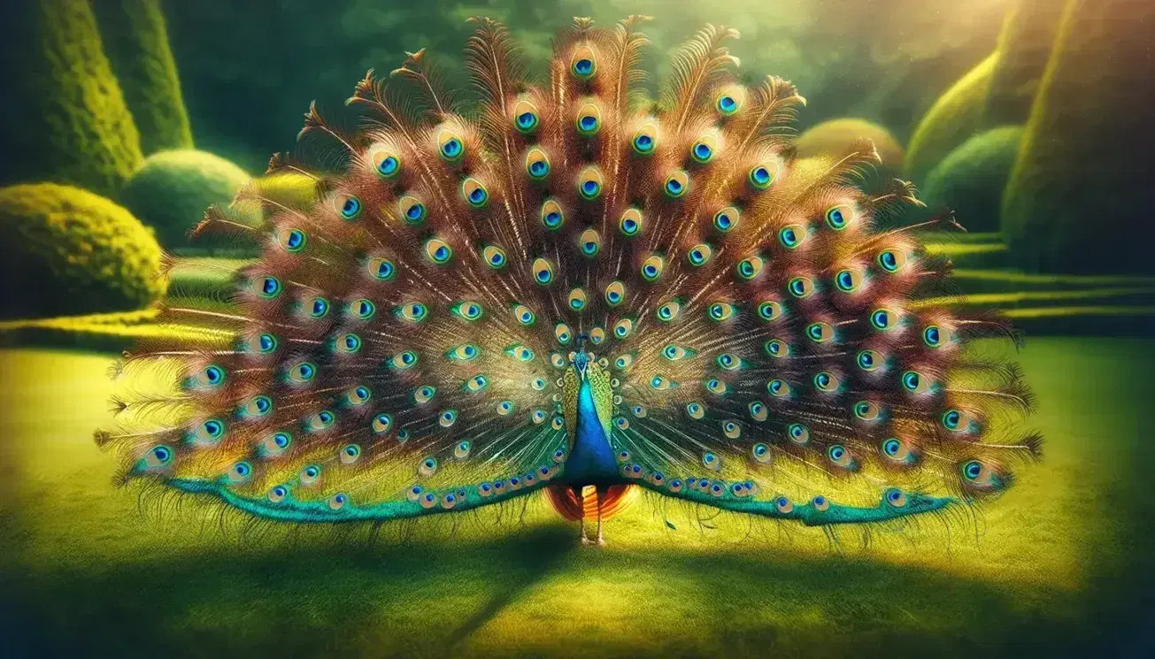Peacock with tail feathers spread in a vibrant display on a manicured lawn, showcasing iridescent blues and eye-patterned plumage in sunlight.
