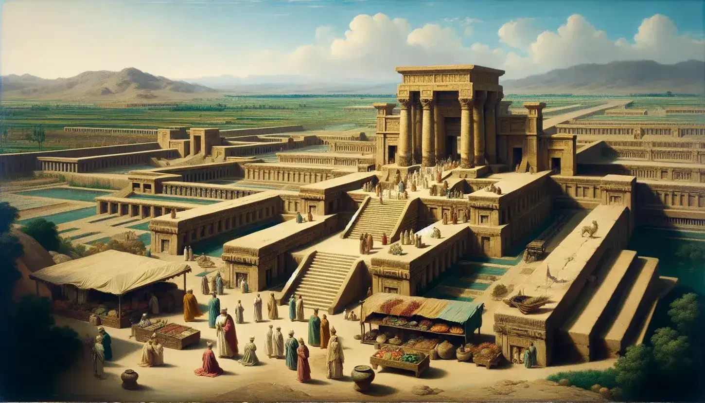 Templo antiguo de piedra con columnas y escalinatas, personas con túnicas y ofrendas, figura con atuendo distintivo, campos verdes con canales de riego y complejo palaciego al fondo, mercado con puestos de artesanías y alimentos en primer plano.