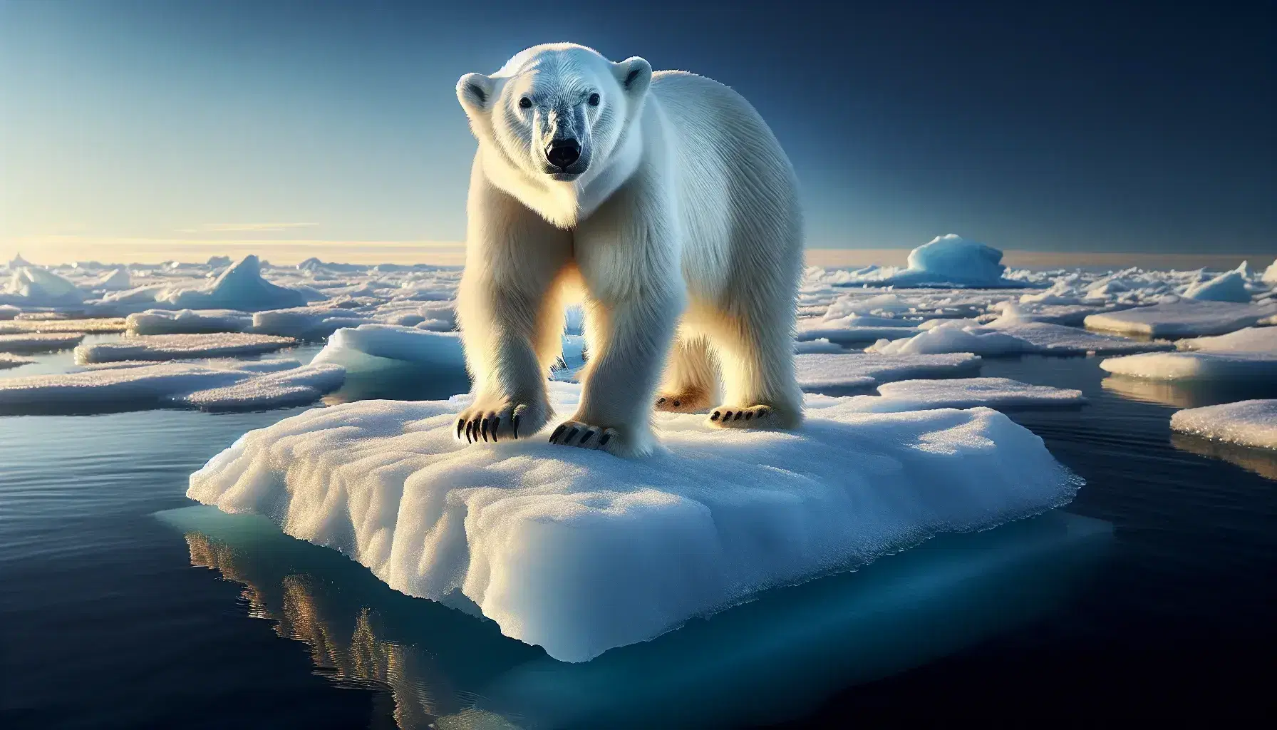 Oso polar adulto sobre un bloque de hielo flotante en aguas azul oscuro, con un cielo despejado al atardecer o amanecer, sin otros seres vivos a la vista.