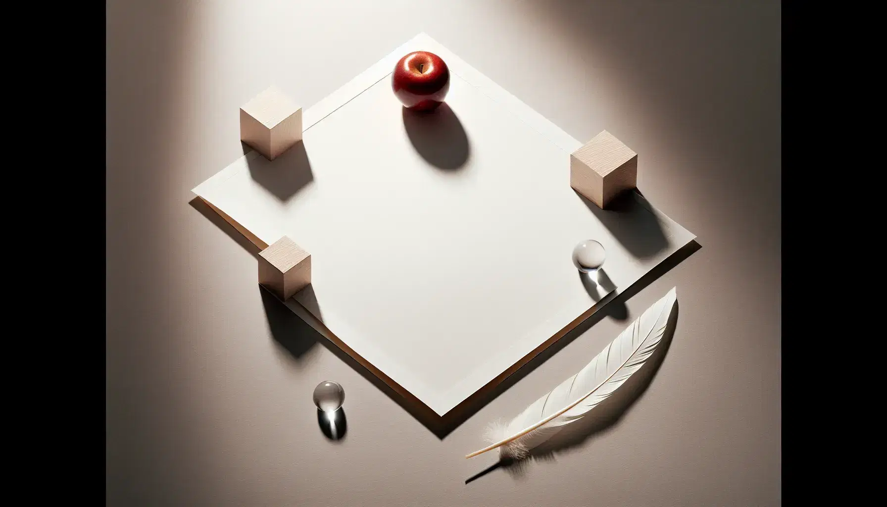 Quadrato di carta bianca piegato diagonalmente con mela rossa, cubo di legno, sfera di vetro e piuma bianca agli angoli su sfondo neutro.