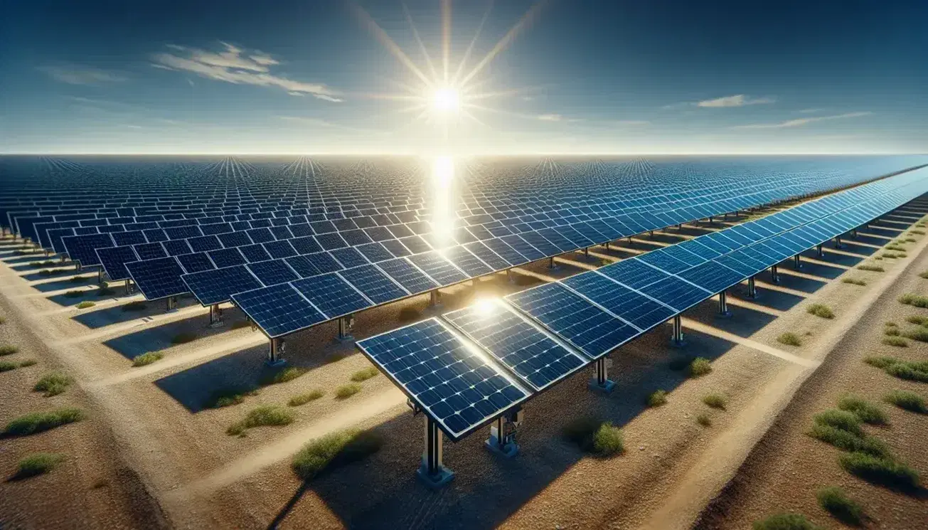 Pannelli fotovoltaici in fila su terreno pianeggiante con cielo sereno, riflettono la luce solare per energia sostenibile.